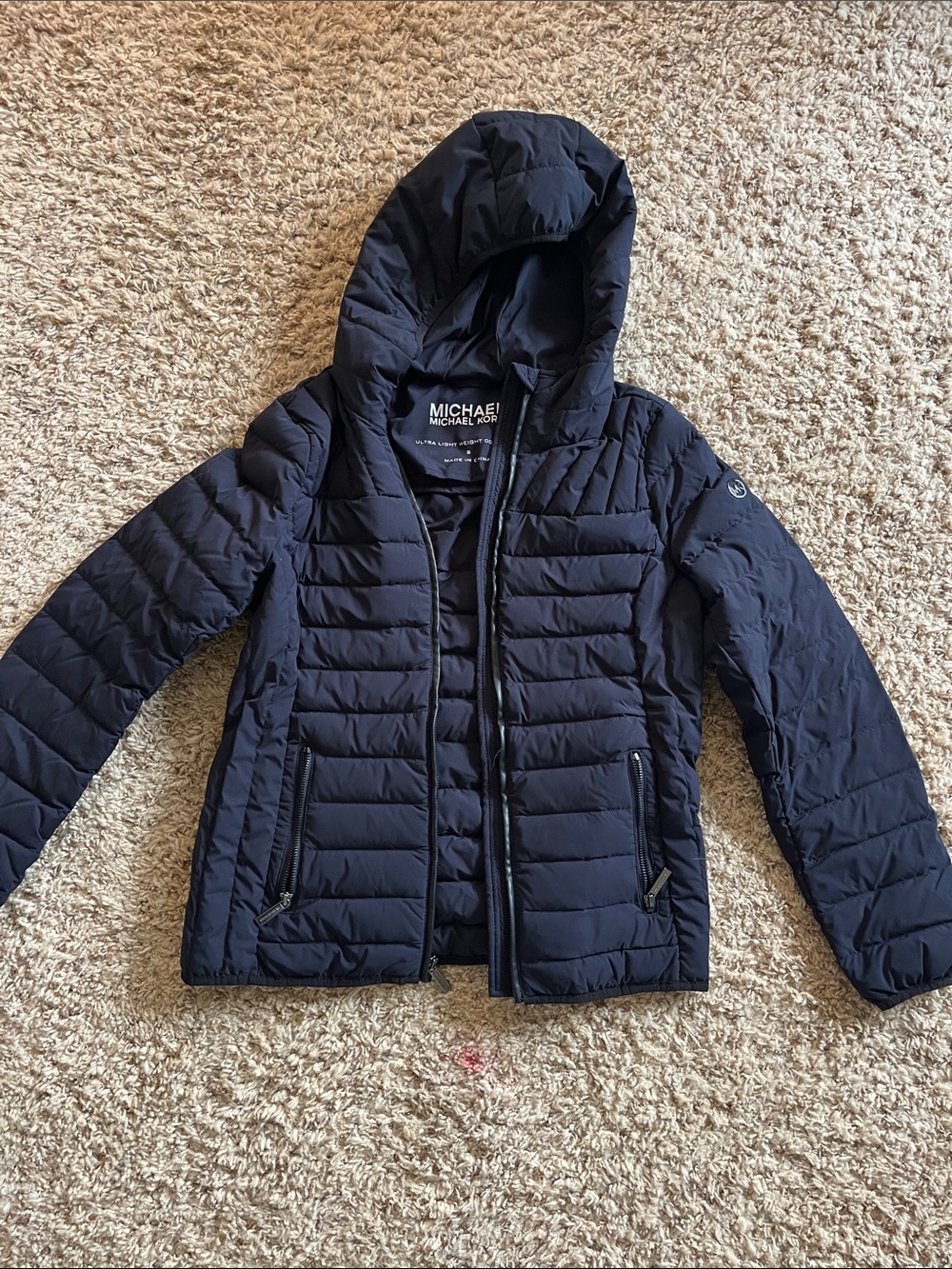 Michael Kors Dark Navy Quilted Hooded Puffer Coat